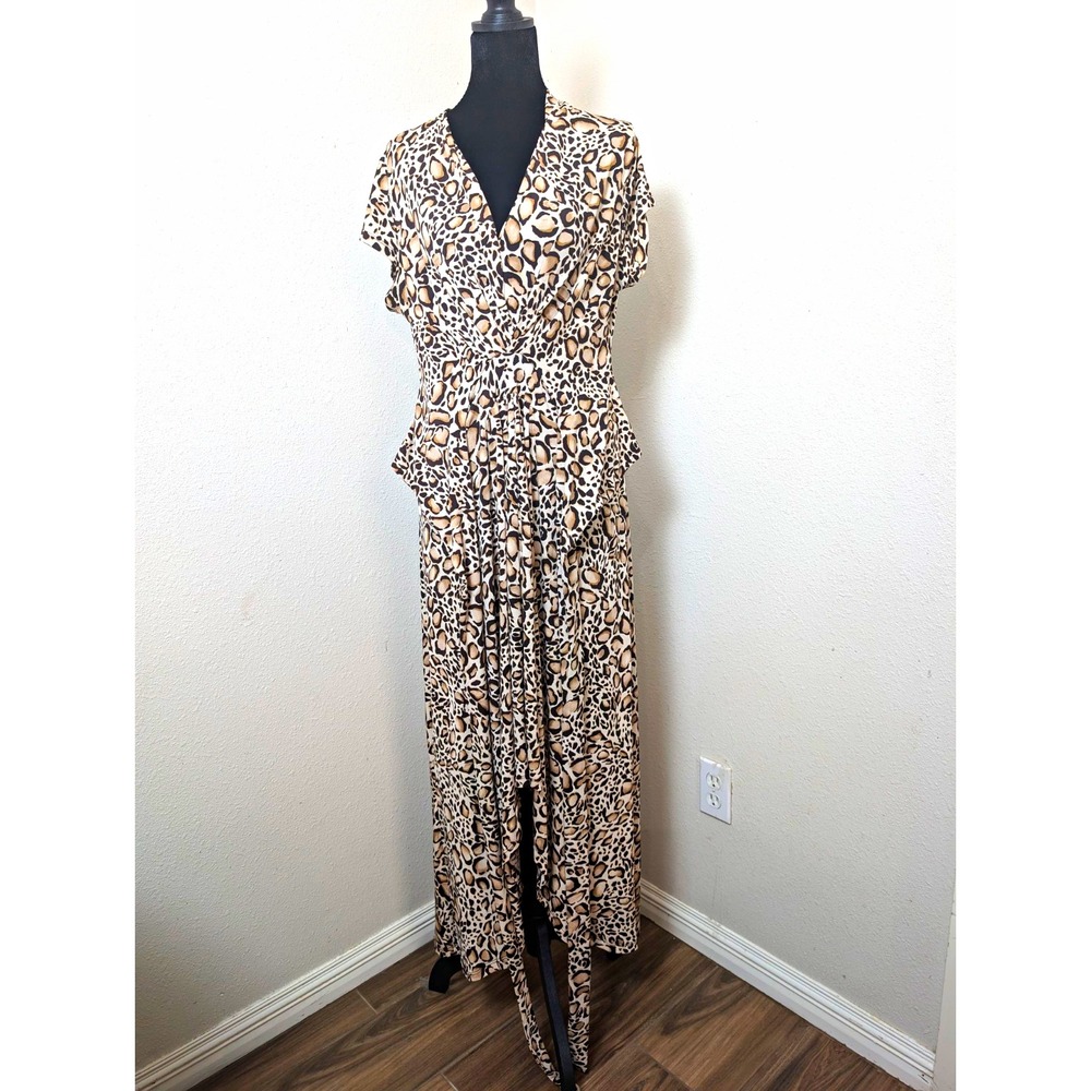 Iman Women's Large Leopard Animal Print Maxi Dress Draped V Neck Peplum